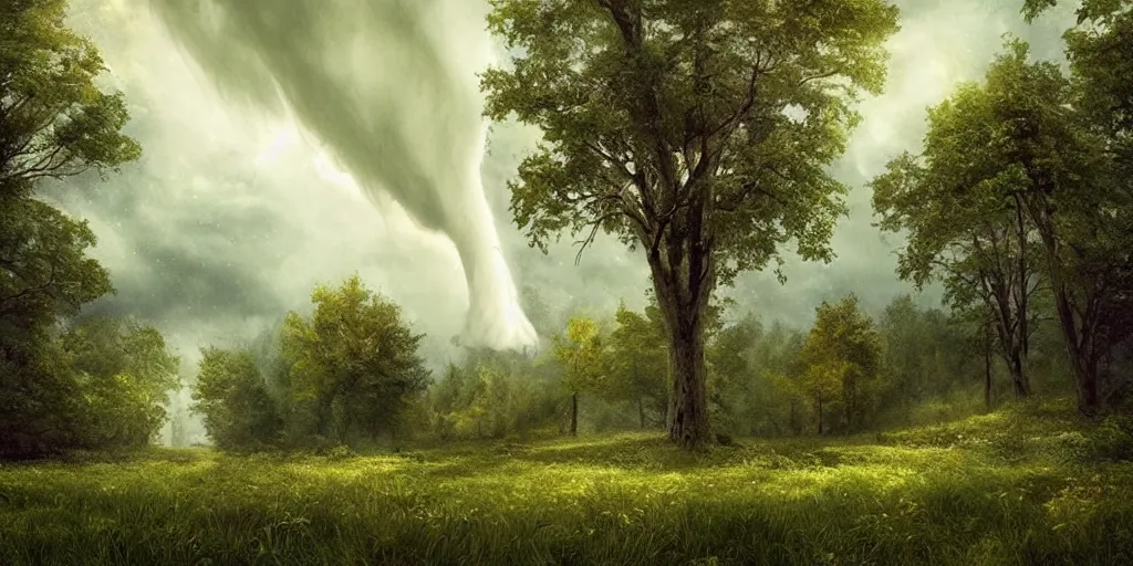 Image similar to A tornado in a beautiful scenic landscape, nature, trees, wide angle, super highly detailed, professional digital painting, artstation, concept art, smooth, sharp focus, no blur, no dof, extreme illustration, Unreal Engine 5, Photorealism, HD quality, 8k resolution, cinema 4d, 3D, beautiful, cinematic, art by artgerm and greg rutkowski and alphonse mucha and loish and WLOP