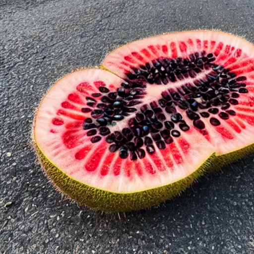 Image similar to huge kiwi fruit cut in half in the middle of the street, photographed