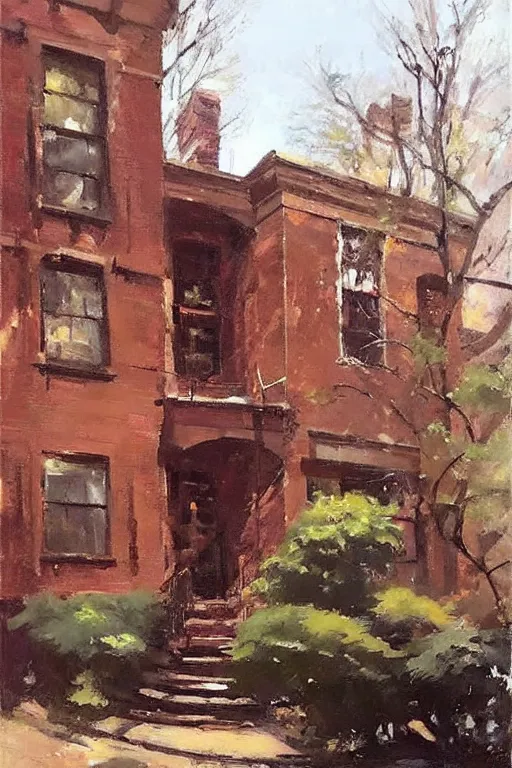 Image similar to (((((a ramshackle manhattan brick brownstone deep in the forest))))) by Gregory Manchess!!!!!!!!!!!!!!!!!!!!!!!!!!!