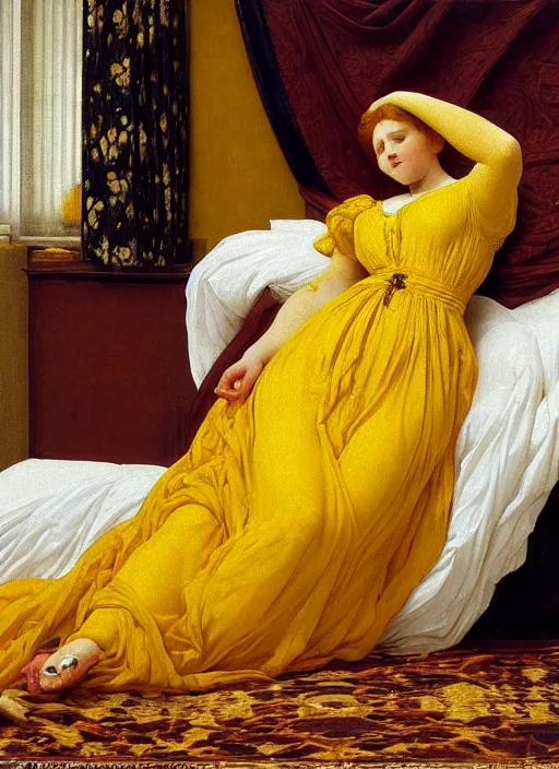 Image similar to masterpiece portrait of lady reclining on bed wearing yellow ochre ornate medieval dress, vertical, foreshortening, colour photography by frederic leighton, william morris, 8 k