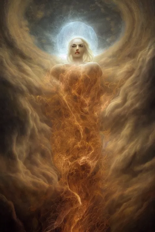 Image similar to Intricate stunning highly detailed pale skinned ethereal being by agostino arrivabene and Vladimir Kush, surreal, digital painting, ultra realistic, Horror vacui, dramatic lighting, full moon, thick black swirling smoke tornado, burning fire embers, artstation