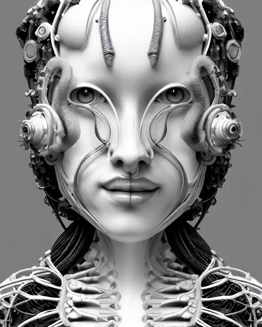 Image similar to mythical dreamy black and white organic translucent bio-mechanical spinal ribbed profile face portrait detail of mechanical beautiful female angelic-vegetal-cyborg, highly detailed, intricate steampunk ornate, poetic, 3D render, digital art, octane render, 8K artistic photography, photo-realistic, by Dora Maar