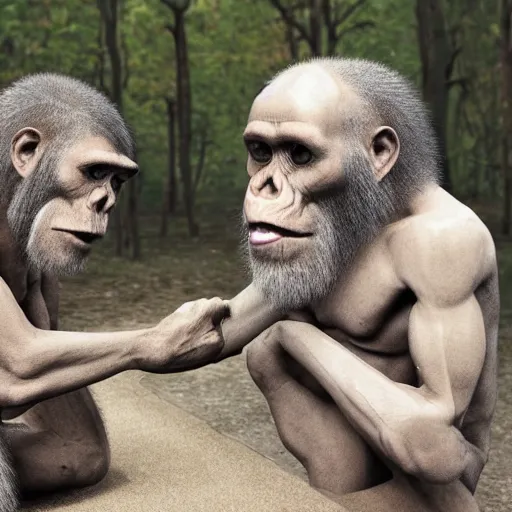 Prompt: Homo habilis meeting modern scientist, field researcher, proto-humans, 2022 photograph, award-winning photo