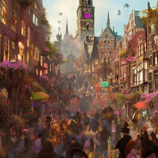 Prompt: a bustling magical town with witches and black cats dancing around a colorful music festival in its center, inspired by victorian england and amsterdam, highly detailed, intricate, digital painting, trending on artstation, concept art, matte painting, art by greg rutkwowski, craig mullins, octane render, 8 k, unreal engine