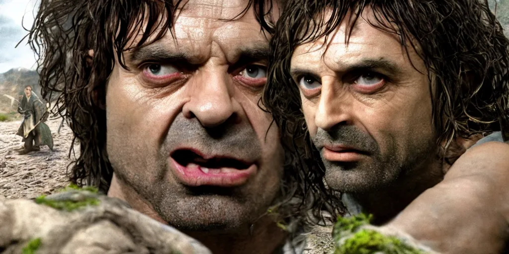 Prompt: rowan atkinson as aragorn fighting an orc, cinematic, high res, 4 k, realistic