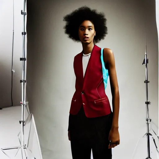 Image similar to realistic photoshooting for a new balenciaga lookbook, color film photography, portrait of a beautiful woman, model is wearing vest, photo in style of tyler mitchell, 3 5 mm,