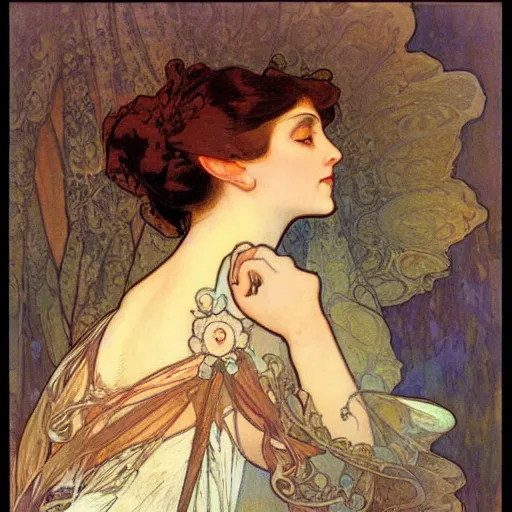 Prompt: beautiful woman's sideface, beautiful background, by alfons maria mucha, highly detailded