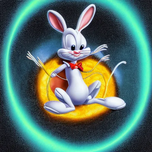 Prompt: Bugs Bunny, delicately positioned and entwined in vibrant fluid hues, is being drawn and spaghettified into a blackhole, Fantasy, hyperrealism, 4k, volumetric lighting, three dimensions, spaghettification, a digitally transformed world, user interface design, 3D modeling, artstation, illustration, and transportation design. art by Andrew Chiampo, Frederik Heyman and Jonathan Zawada,