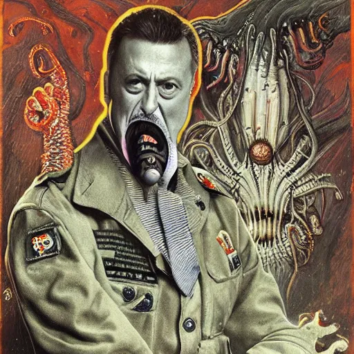 Image similar to igor ivanovich strelkov became an aggressive lovecraftian degenerate abomination calling for total mobilization, photo - realistic, color image, 2 k, highly detailed, bodyhorror, occult art