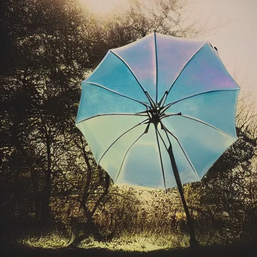 Image similar to a pastel coloured Polaroid photo of a sunbed and umbrella made of transparent iridescent perspex stood in a field, beams of light, nostalgic