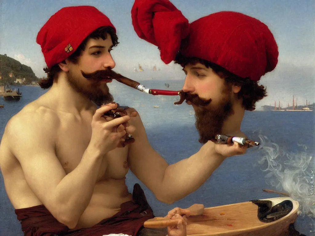 Prompt: a young french sailor with a mustache and a red beanie hat is smoking a pipe in his boat, by bouguereau and by botticelli