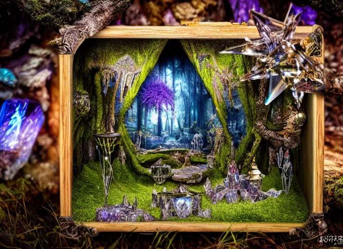 Image similar to photo of a crystal box with a magical kingdom inside, in the forest. Fantasy magic style. Highly detailed 8k. Intricate. Nikon d850 55mm. Award winning photography.