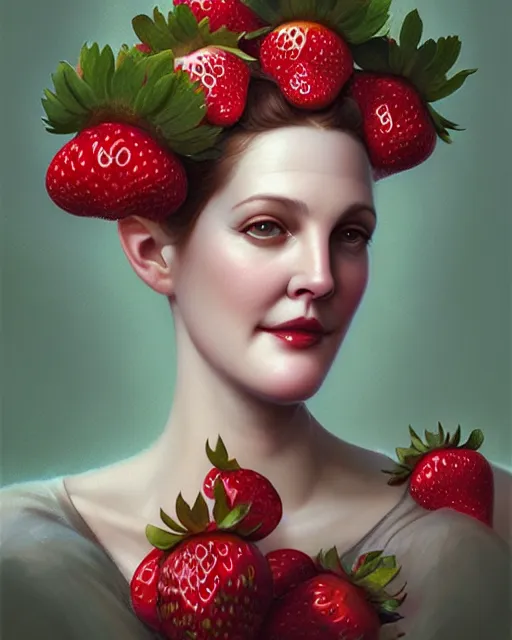 Image similar to beauty portrait, drew barrymore, strawberries, headgear leaves, wild berries, by tom bagshaw, greg rutkowski, ilya kuvshinov, craig mullins, intricate background