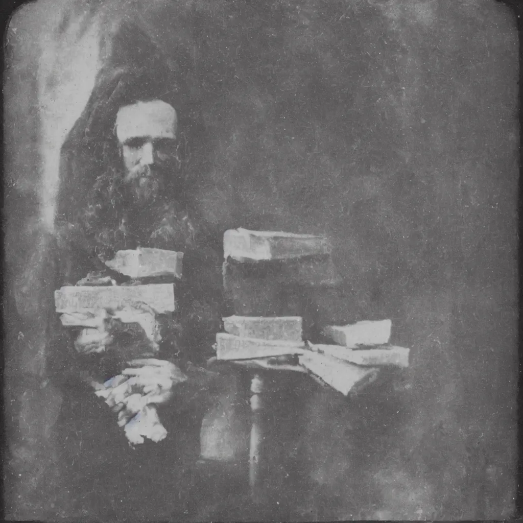 Image similar to tintype of a pagan cultist with occult books