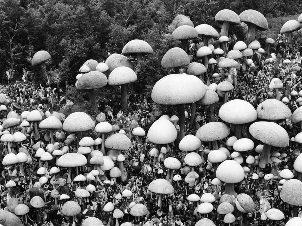 Image similar to 70s photo of giant mushrooms at trippy psychedelic hippy festival Woodstock stage show