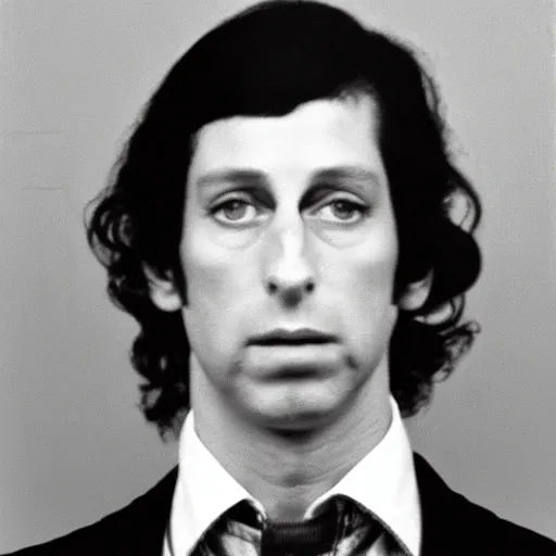 Prompt: Mugshot Portrait of Prince Charles, taken in the 1970s, photo taken on a 1970s polaroid camera, grainy, real life, hyperrealistic, ultra realistic, realistic, highly detailed, epic, HD quality, 8k resolution, body and headshot, film still, front facing, front view, headshot and bodyshot, detailed face, very detailed face