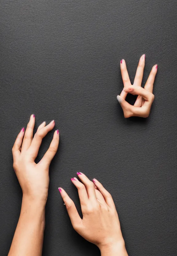 Prompt: a photo of one ultra detailed photorealistic woman's hand with palm up, back of hand on the table, palm pattern visible, instagram photo, studio photo, 9 0 mm, f / 1. 4