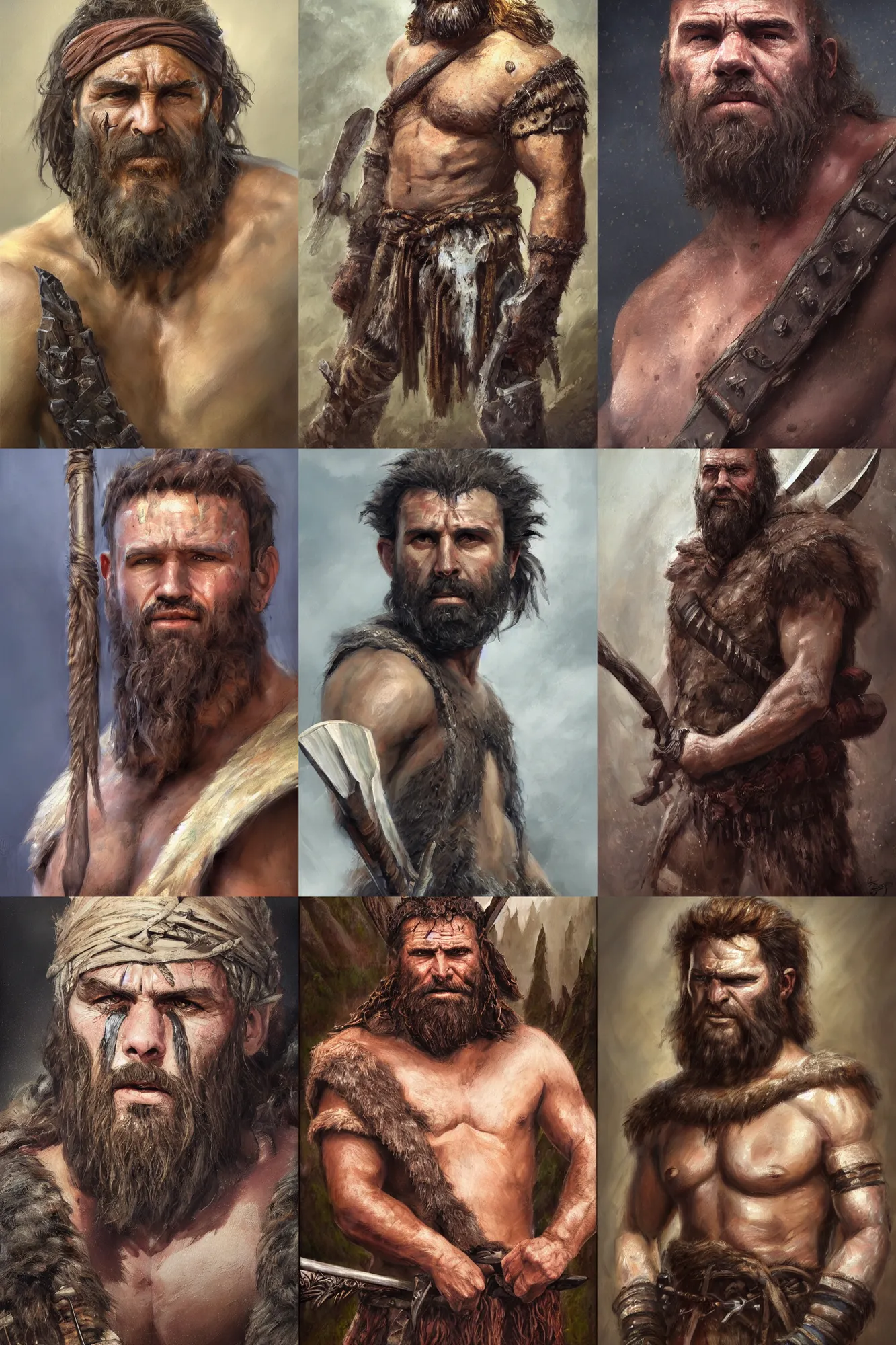 Prompt: a full body high detail fantasy portrait oil painting illustration of a single rugged stoic barbarian man by Justin Sweet with face and body clearly visible, space around image edges, pupils visible, realistic proportions, d&d, rpg, forgotten realms, artstation trending, high quality, sombre mood, artstation trending, muted colours, no crop, entire person!,