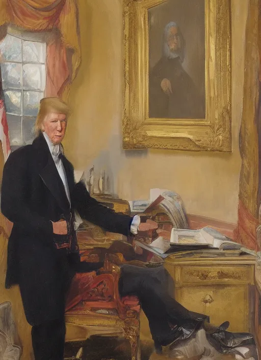 Image similar to portrait of the united states president, 1 8 6 7, donald trump. standing in the oval office. oil on canvas by william sidney mount, trending on artstation