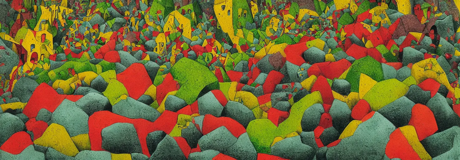 Prompt: a rock garden by m. c. escher, yellow, green, red, snowy, ultra sharp, ultra detailed, cyberpunk, happy, uplifting, colorized by salvador dali