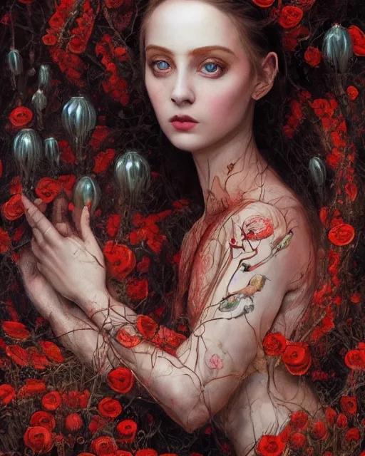 Image similar to portrait of the strangly beautiful young goddess of poppy, surreal, fantasy, intricate, elegant, dramatic lighting, emotionally evoking symbolic metaphor, highly detailed, lifelike, photorealistic, digital painting, painterly, artstation, concept art, smooth, head in focus, sharp focus, illustration, art by John Collier and Krenz Cushart and Artem Demura and Alphonse Mucha and Albert Aublet,