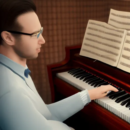 Prompt: a photorealistic photograph of a tall and handsome kidney transplant expert playing the piano. Trending on Artstation, featured on Behance, well-rendered, Unreal Engine, 4K HD