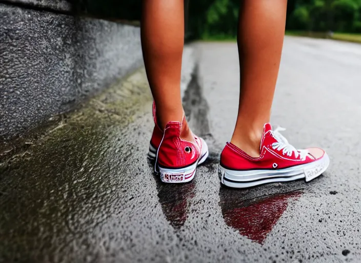 Image similar to side view of the legs of a woman hook sitting on the ground by a curb, very short pants, wearing red converse shoes, wet aslphalt road after rain, blurry background, sigma 8 5 mm