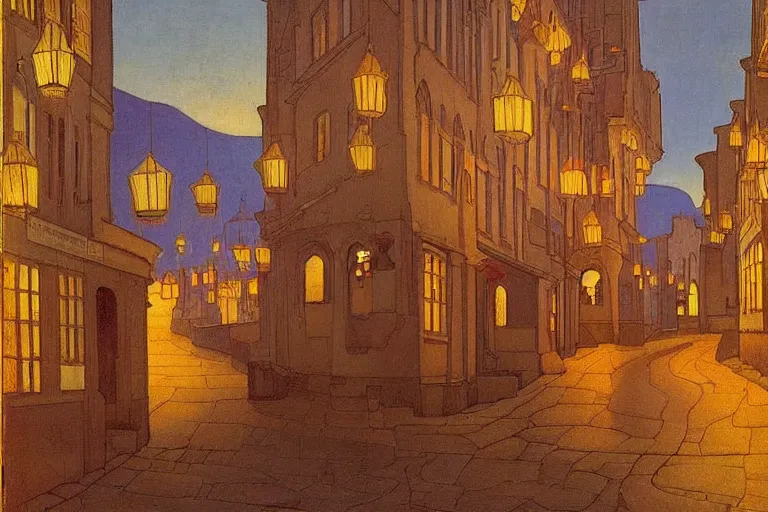 Image similar to winding street at twilight in a very old very beautiful city by Thomas Seddon and Nicholas Roerich and jean delville, glowing paper lanterns, strong dramatic cinematic lighting , ornate tiled architecture, lost civilizations, smooth, sharp focus, extremely detailed