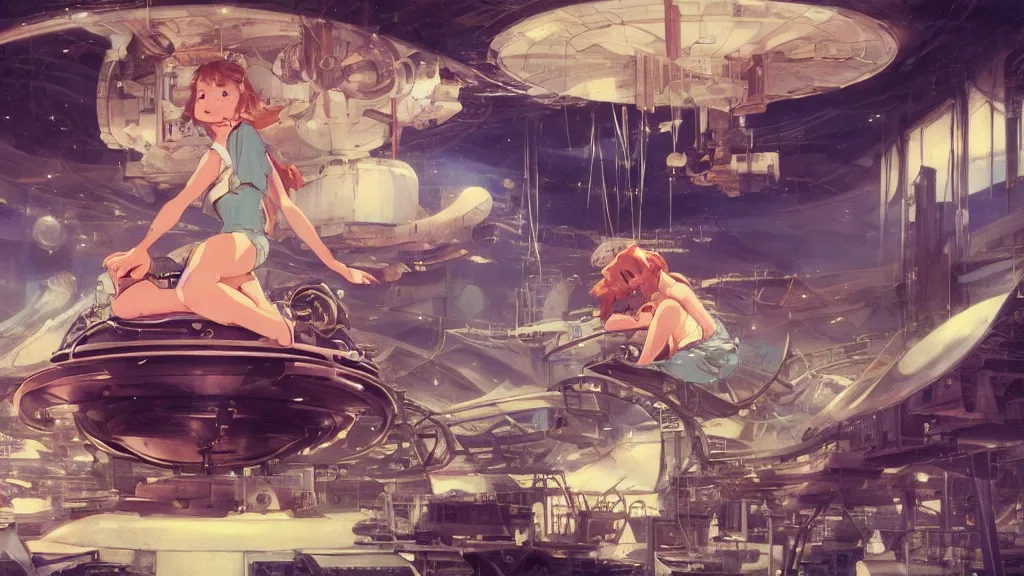 Image similar to a film still of a 1 9 5 0's mechanic anime girl sitting on top of flying ufo landing in hangar of giant ufo spaceship, finely detailed features, full body mid shot, perfect art,, trending on pixiv fanbox, painted by gaston bussiere, makoto shinkai, akihiko yoshida, gaston bussiere, craig mullins, studio ghibli