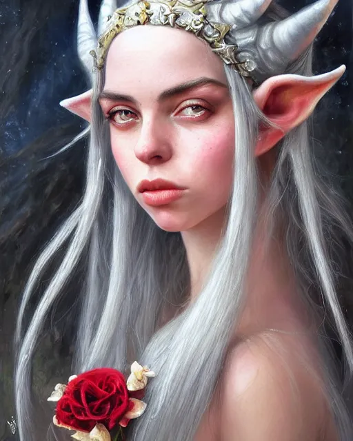 Image similar to billie eilish as a beautiful elf princess, oil painting, by laura sava