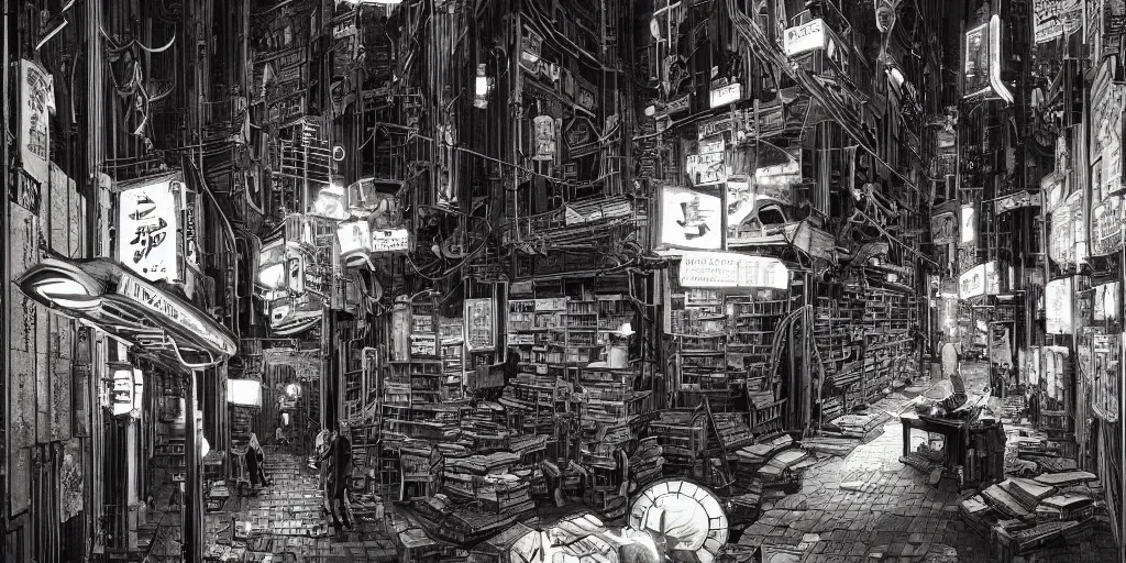 Image similar to cinematic an old jorge luis borges and franz kafka as owners ofan old bookstore full of books, dystopian future, neon lights, sci - fi, night lights, haze, concept art, intricate, in the style of katsuhiro otomo, akira, unreal engine