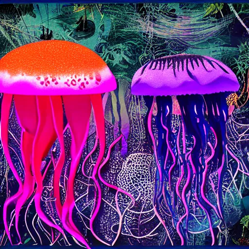 Prompt: jellyfish beach jungle red blue purple explosion