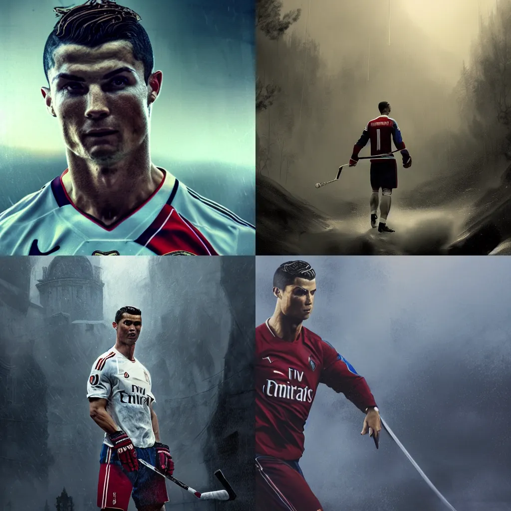 Prompt: Cristiano Ronaldo as Alexander Ovechkin, stunning screensaver, screensaver, head slightly tilted, natural light, elegant, complex, fantasy, atmospheric lighting, cinematic, matte painting, Greg Rutkowski