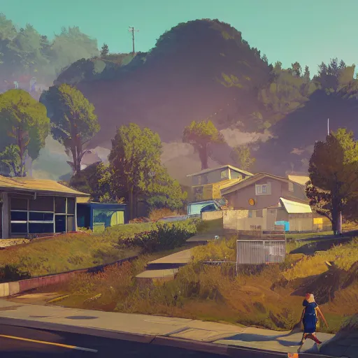 Image similar to primary school up a hill, in gta v, stephen bliss, unreal engine, by greg rutkowski, loish, rhads, makoto shinkai and lois van baarle, ilya kuvshinov, rossdraws, global illumination, radiant light, detailed and intricate environment