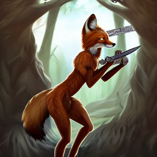 Prompt: award-winning extremely detailed FurAffinity fantasy art of a wild naturally beautiful shapely fur-covered anthro warrior female fox with black paws and dazzling eyes and a long tail and styled hair, wielding a knife, 4k, Hibbary, Dark Natasha, Goldenwolf, realistic shading, trending on FurAffinity