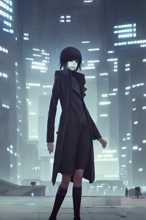 Prompt: realistic render of a cyborg - girl wearing a long trench coat by wlop, futuristic dystopian city by ilya kuvshinov, digital anime art by ross tran, composition by sana takeda, lighting by greg rutkowski