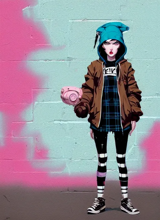 Image similar to highly detailed portrait of a sewer punk lady student, blue eyes, tartan hoody, hat, white hair by atey ghailan, by greg rutkowski, by greg tocchini, by james gilleard, by joe fenton, by kaethe butcher, gradient pink, black, brown and light blue color scheme, grunge aesthetic!!! ( ( graffiti tag wall background ) )