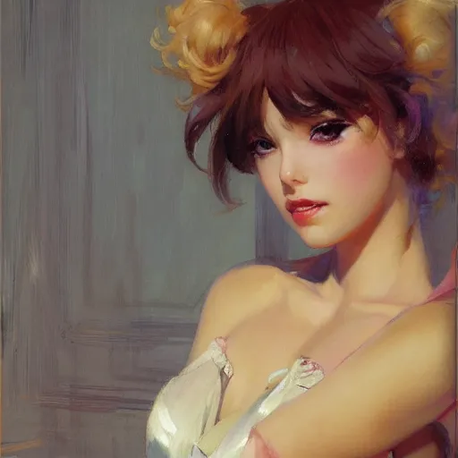 Image similar to a high fashion studio portrait of a cute anime girl, painting by gaston bussiere, craig mullins, j. c. leyendecker