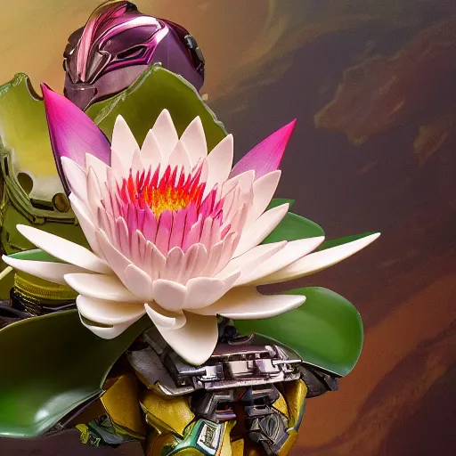 Prompt: futuristic nymphaea mecha waterlily upper body, sepals forming helmet, floral details, nymphaea, 8 k hd resolution, barbatos gundam with floral inlay, bandai box art, star trek, makoto kobayashi, frank gehry, raymond swanland