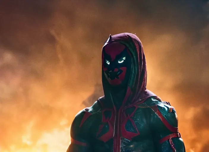 Image similar to film still of michael b jordan as spawn in the new spawn movie, giant chains, large cape, 8 k