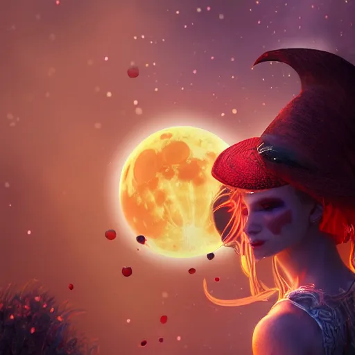 Prompt: a beautiful female bloodmoon witch character, character is in all its glory, character is in her natural relaxed pose, full body shot, rim lights, particles and dust in the air, fancy clouds, highly detailed professional photo, dynamic lights, particles are flying, depth of field, trending on artstation, professional illustration, hyper realistic, vray caustics, super detailed, colorful accents, cinematic shot