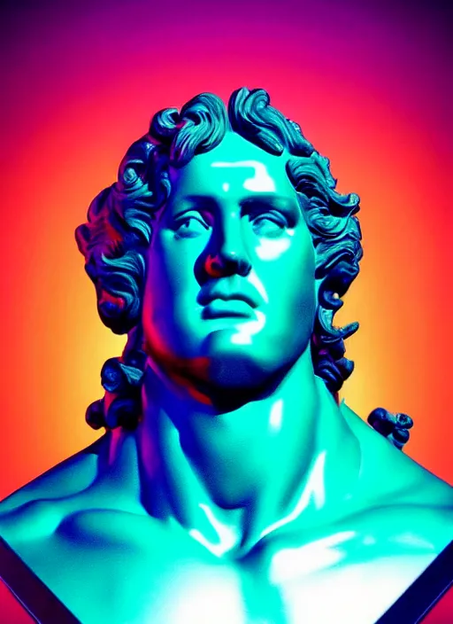 Prompt: bust of hercules, beeple, vaporwave, retrowave, black background, neon wiring, black, glitch, strong contrast, cuts, pinterest, trending on artstation