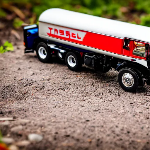 Image similar to macro photo of a miniature ho scale tesla cybertruck, taken with canon 8 0 d, canon 1 0 0 mm f / 2. 8