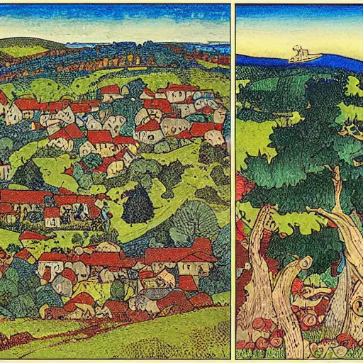 Image similar to detailed print of a landscape of a medieval village and crops by ivan bilibin and edmund dulac and ilya kuvshinov and katsuhiro otomo. full color scheme