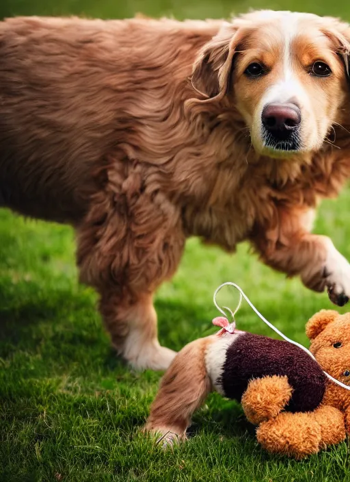 Image similar to a beautiful detailed photo of a dog playing with a teddy on a farm, realistic, f 8, 4 k hd wallpaper