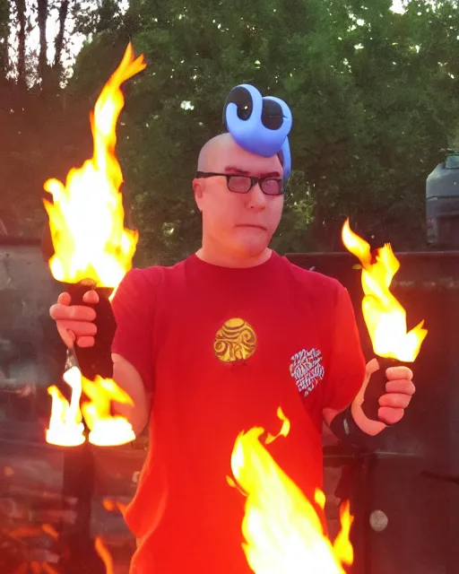 Image similar to photograph, squidward wearing fire nation clothing and practicing firebending outside at susnset