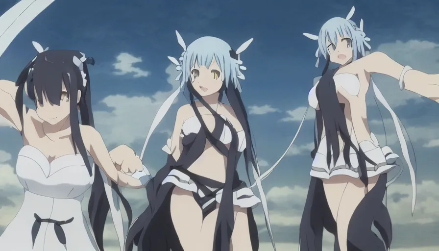 Prompt: Danmachi Hestia holding hands with Bell Cranel at dawn • cinematic anime screenshot by the Studio JC STAFF