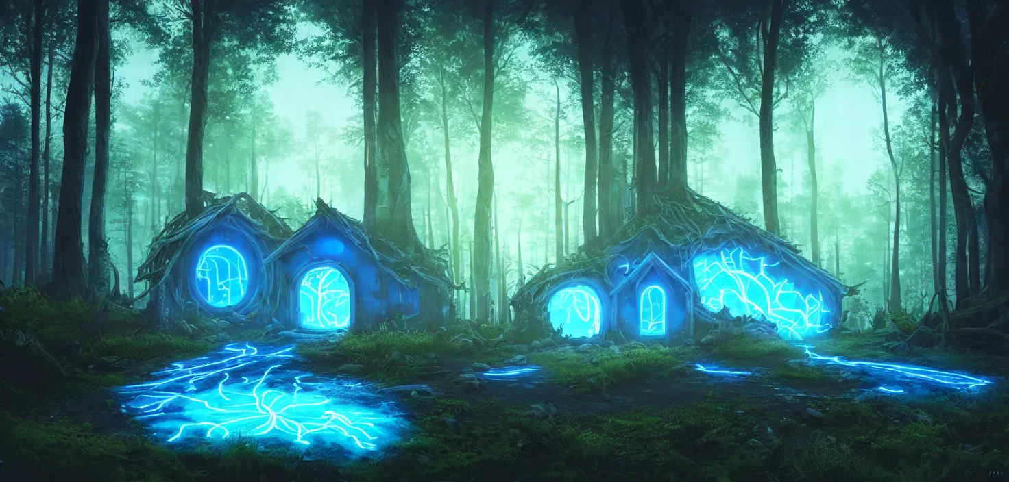 Image similar to random scary forest house landscape, round glowing blue neon portal door, incredible, vector art, octane render, fabulous, hyper detailed, random cinematic view, no noise, global illumination, warm lighting, volumetric, godrays, vivid, beautiful, by jordan grimmer