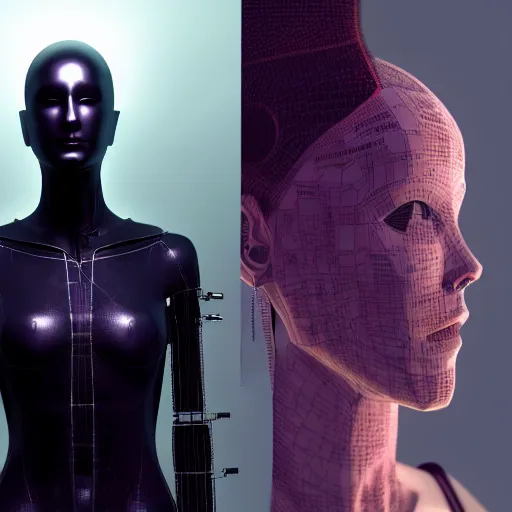Prompt: 3 d human, beautiful woman by pantokrator, orthodox cyberpunk by jama jurabaev, mech body, wires from the matrix movie, sci - fi