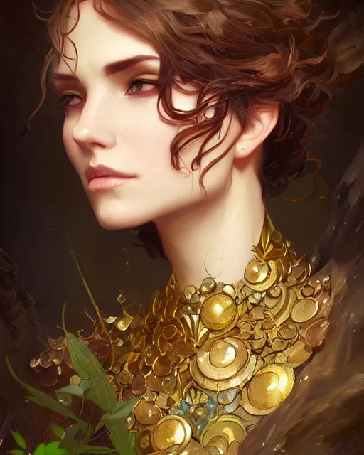 Image similar to dryad, perfect face, gold waistcoat, cinematic, stunning, highly detailed, digital painting, artstation, smooth, hard focus, illustration, art by artgerm and greg rutkowski and alphonse mucha